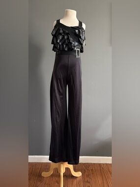 Girls' Black Ruffle Sequin Dance Jumpsuit with Rhinestone Belt - Tap/Jazz